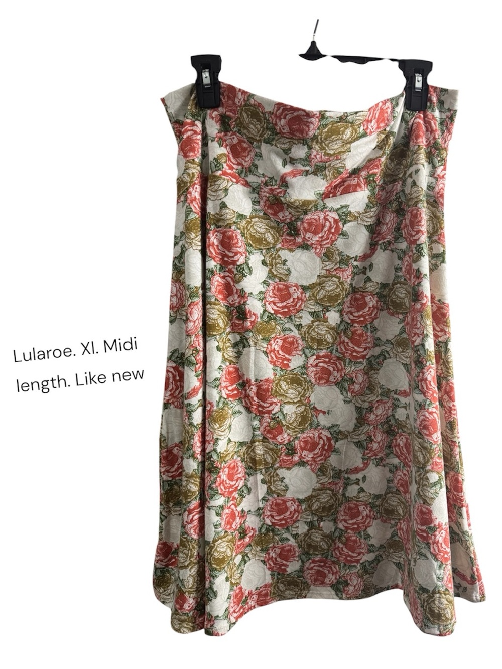 LuLaRoe Floral Midi Skirt in Cream with Pink and Olive Roses